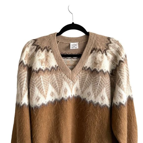 (SOLD) Artesania ALPAFINA Peru Alpaca V-Neck Oversized Sweater Brown Cream XL - Picture 3 of 9